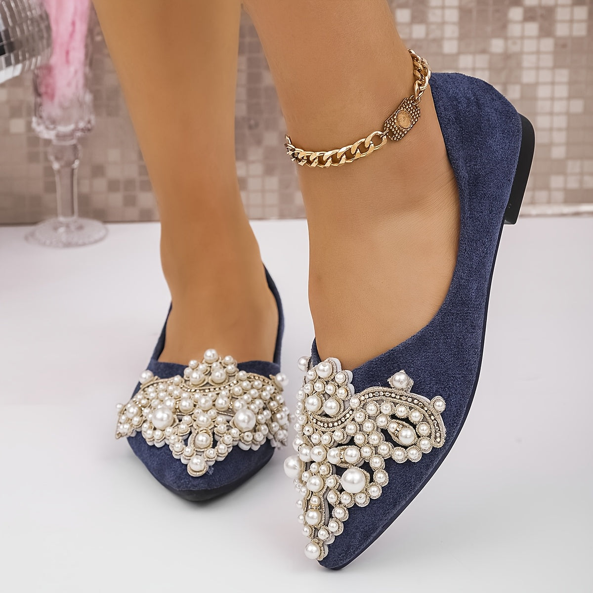 Women's slip-on flats with faux pearl and rhinestone accents, lightweight pointed toe shoes for all seasons, comfortable and casual.