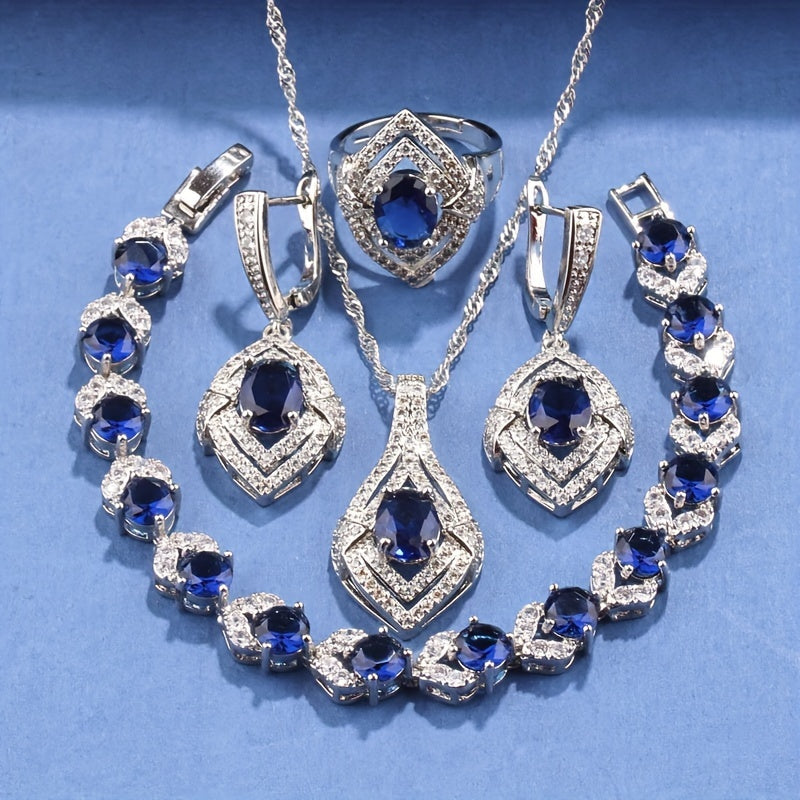 5-Piece Jewelry Set for Women featuring Synthetic Gemstones in Silver Plating - Includes Necklace, Earrings, Pendant, Ring, and Bracelet - Perfect for Weddings, Parties, or as a Halloween Accessory - Elegant and Classic Design with Copper Zirconia Mosaic.