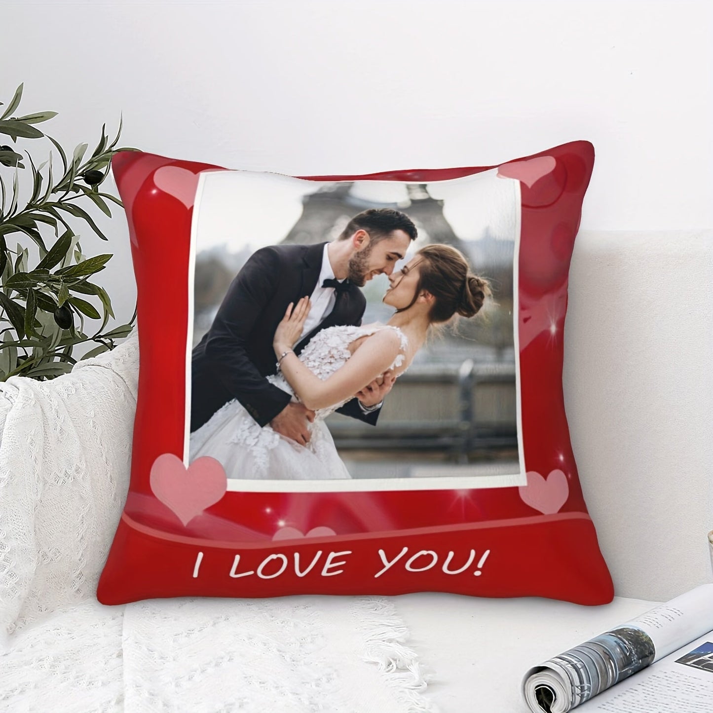 Customize your Polyester Plush Pillow (14+) with a special "I Love You" theme and personalized photo. This unique and customizable wedding anniversary or Valentine's gift is sure to make your loved one feel special. Add your own custom image to the