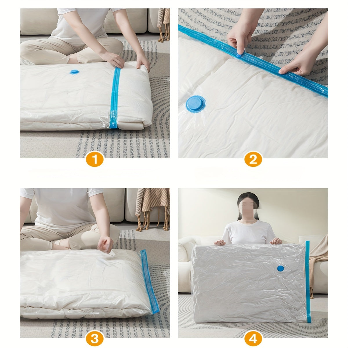 Get 5pcs of Space Saver Vacuum Compression Storage Bags that are made of durable plastic with zipper closure. These rectangle bags are perfect for multipurpose use, whether you're storing clothes, pillows, blankets, or bedding. No electricity needed for