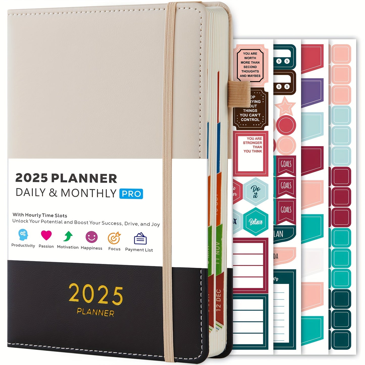 2025 Daily & Monthly Planner with Hourly Slots, Hardcover Leather, English, Includes 4 Planning Sheets, 12 Monthly Tabs, Productivity Tool