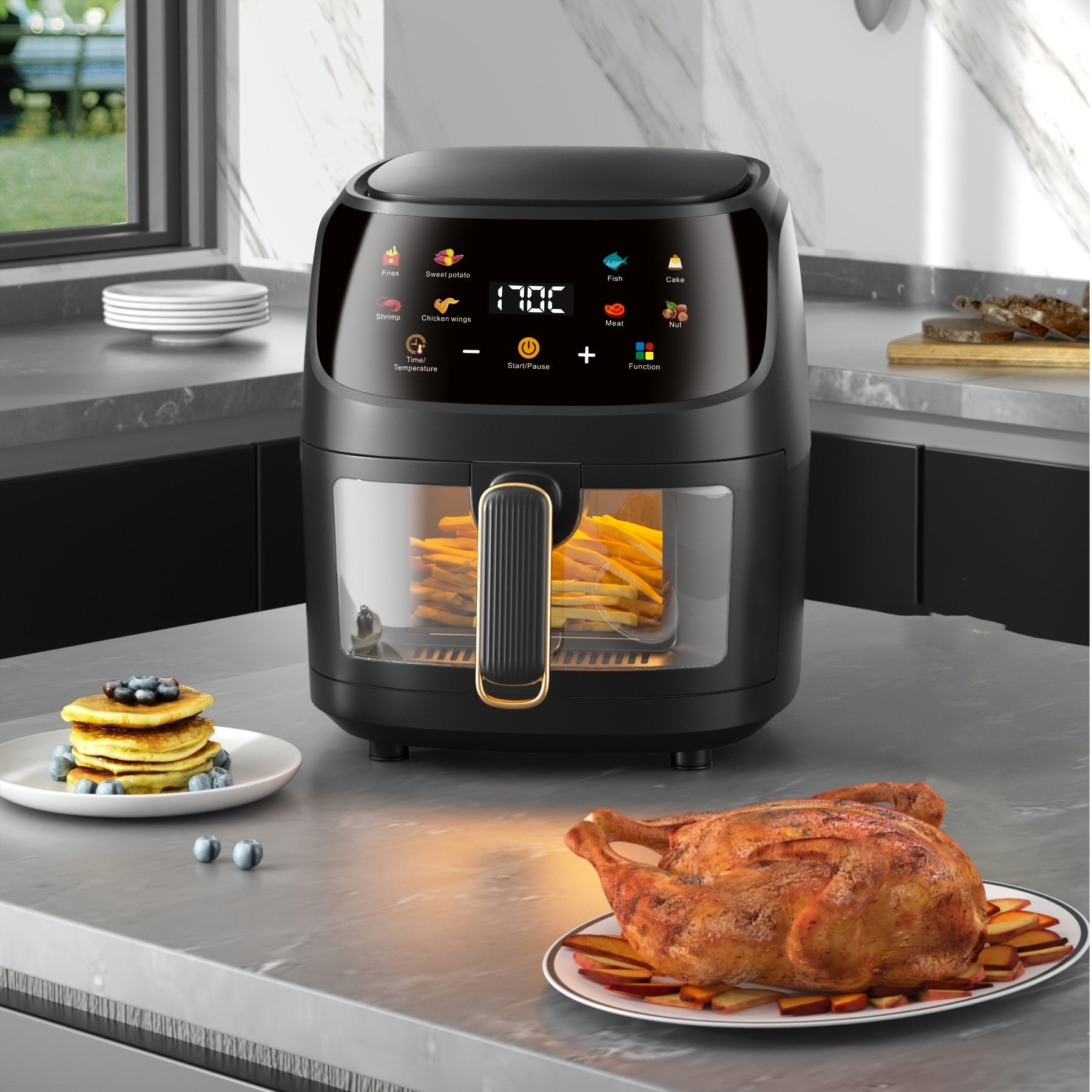 6L sleek black air fryer with large color touch screen, electric deep fryer for delicious fries & chicken nuggets, easy-to-use, multi-functional, 220V-240V, food-viewing window, home