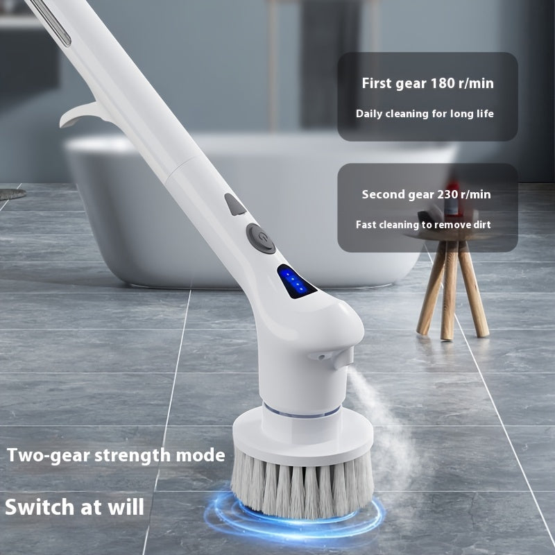 9-in-1 Electric Rotating Cleaning Brush with Spray Function, IP56 Waterproof Wireless Design. Includes 9 Replaceable Brush Heads and Extended Handle. Ideal for Toilets, Bathrooms, Bathtubs, Tiles, Floors, Wooden Floors, and Cars.