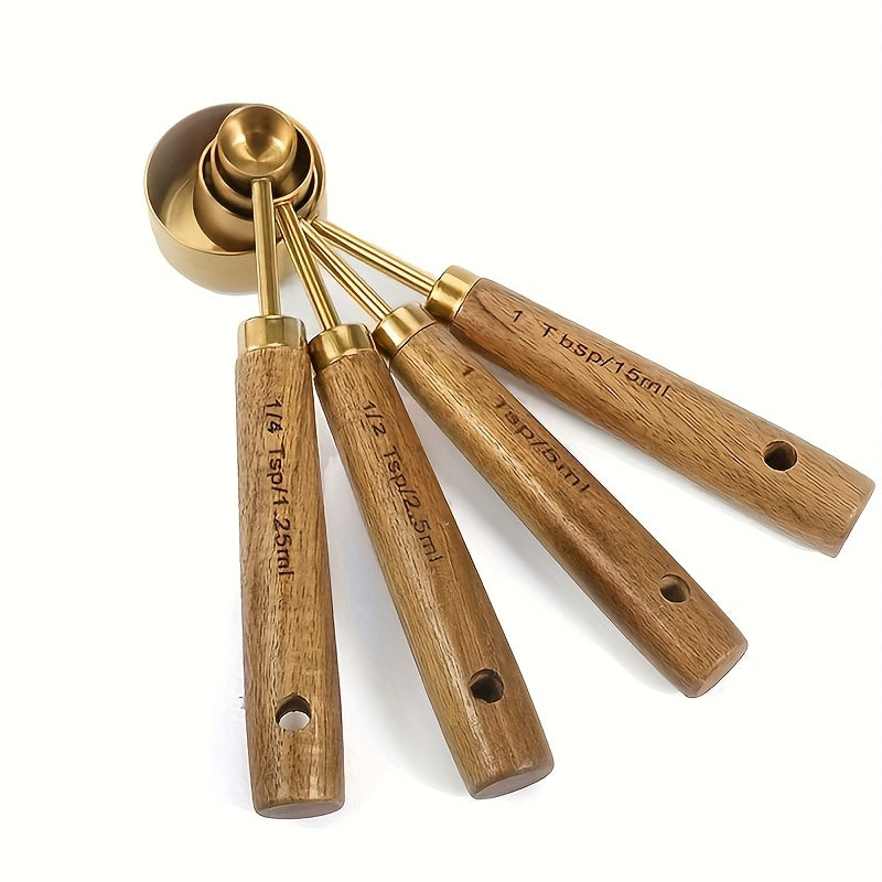 Set of 4/8 stainless steel measuring cups and spoons with acacia wooden handles. Ideal for measuring dry goods and liquid ingredients in restaurants or for baking and seasoning.