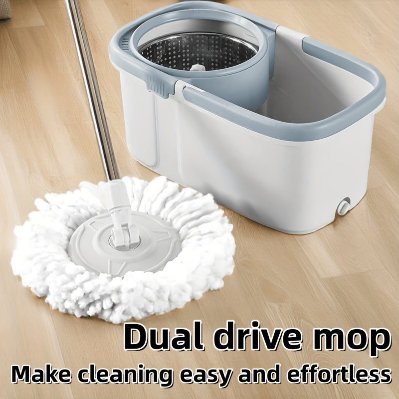 The Dual-Drive Spin Mop and Bucket Set includes 1 piece and features a 360° stainless steel swivel tray plate, making cleaning effortless in various areas such as the living room, bedroom, toilet, and kitchen. Made of durable plastic material.