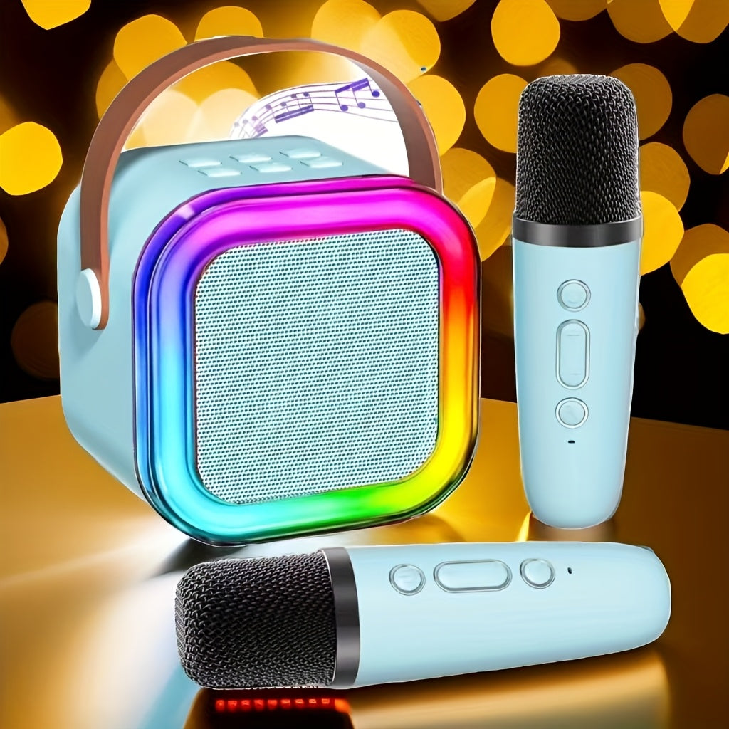 Compact karaoke speaker with wireless microphones, LED disco lights; ideal for home parties and special occasions like birthdays and Valentine's Day.