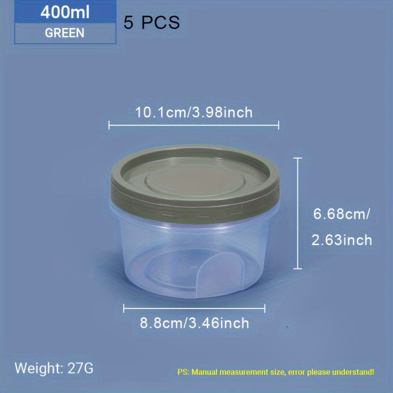 Five pieces of round plastic containers with reusable lids, ideal for storing food, snacks, and lunch. These small freezer storage jars come with screw lids and are microwave safe.