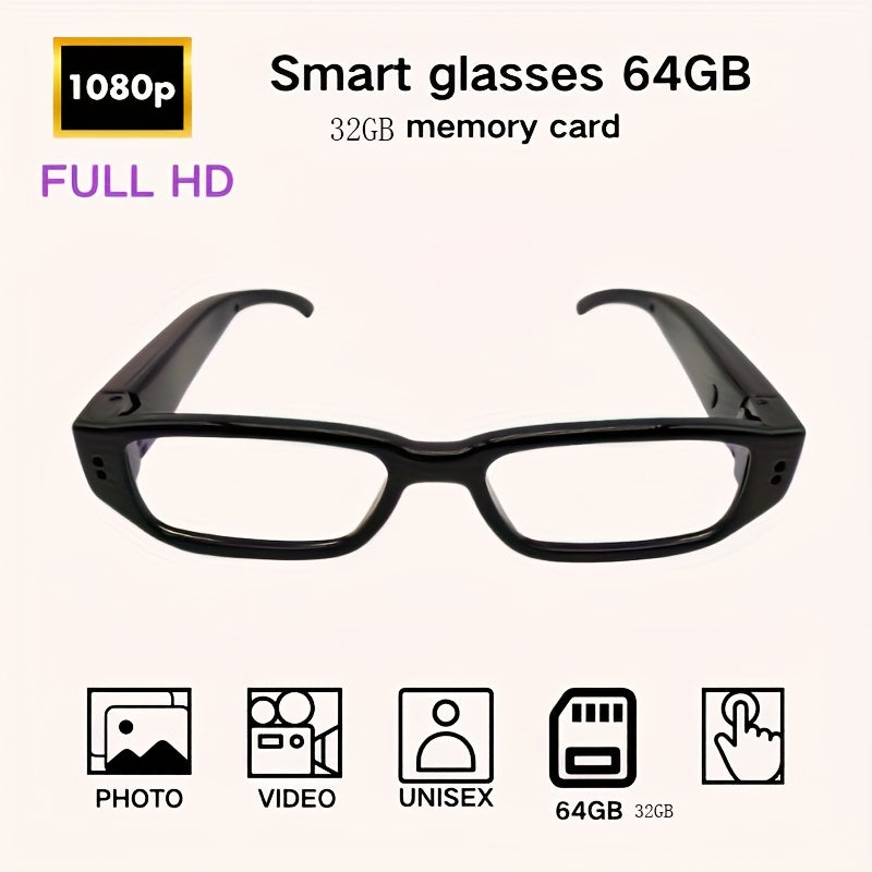 1pc Smart Glasses with 1080P HD video, ideal for outdoor sports and conference recording. Includes 32GB/64GB memory card.