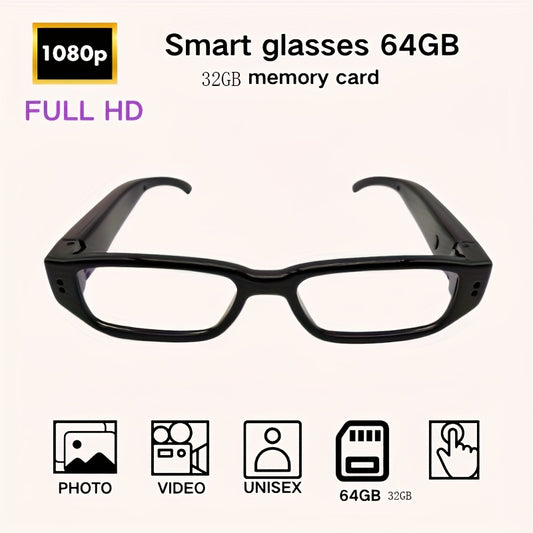 1pc Smart Glasses with 1080P HD video, ideal for outdoor sports and conference recording. Includes 32GB/64GB memory card.