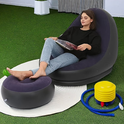 The Inflatable Lazy Sofa Chair with Footrest is a portable and foldable outdoor lounger made of comfortable velvet fabric. It is easy to clean and can be used for various purposes. No assembly is required, and it includes an inflation pump. It is