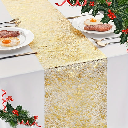 Luxurious golden sequin table runner perfect for elegant celebrations and parties with a glamorous vibe.