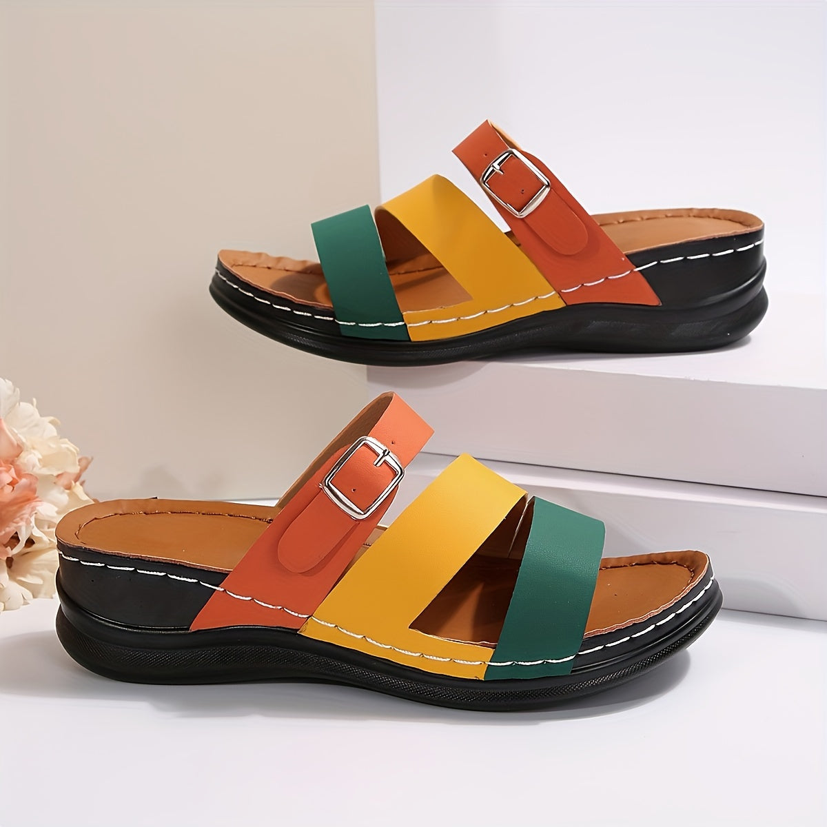 Colorblock slide sandals with thick sole and buckle strap in orange, green, yellow, black - stylish beach shoes.