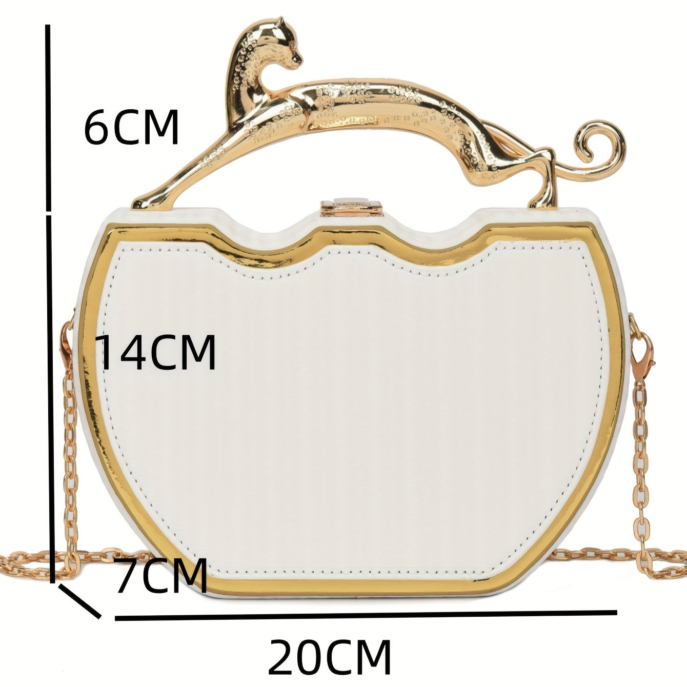 Chic white clip-on bag with gold chain strap, kiss lock closure, detachable shoulder strap, ideal for daily use.