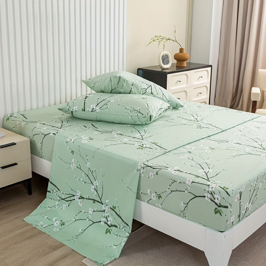 Floral Branch Fitted Sheet Set with 4 pieces, made of soft microfiber with deep pocket fitted sheet and included pillowcases. No core.