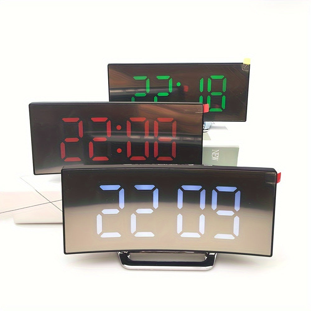 Curved LED Mirror Clock: Silent Alarm, Dimmable, USB/Battery Powered - Ideal Home Decor