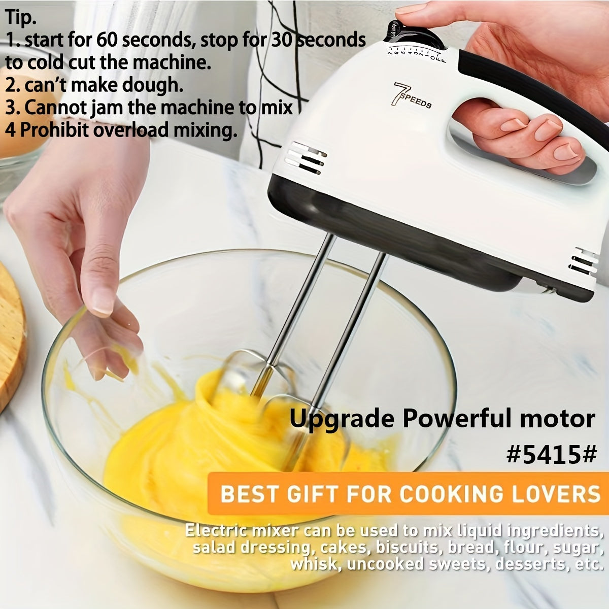 Upgraded electric egg beater with 7 speeds for home baking, featuring a powerful 15W motor. Ideal for beating eggs and whipping cream (#5415).