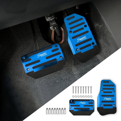 Car pedal pad set includes 2 pieces for automatic transmission with non-slip alloy covers for brake, gas, and clutch pedals. Great for cars, SUVs, and ATVs.