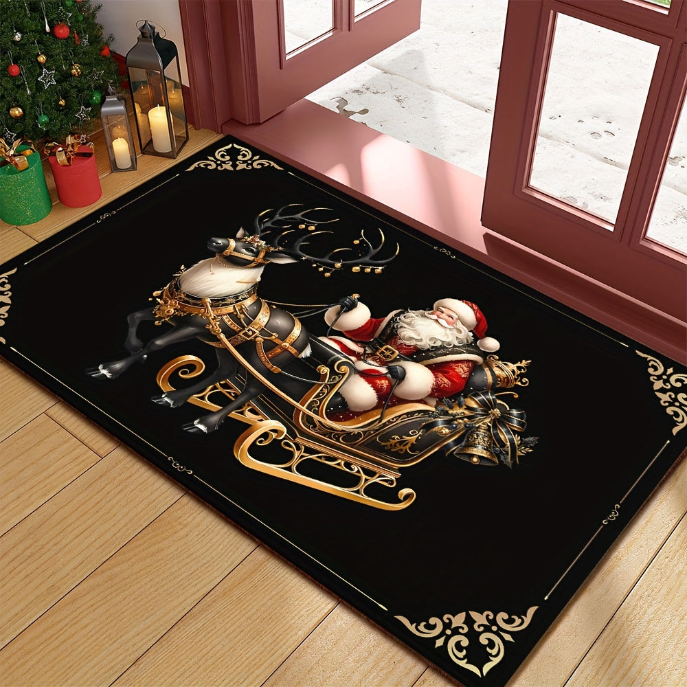 Get in the holiday spirit with our Merry Christmas Welcome Doormat! This 6mm thick mat is non-slip and machine washable, featuring a black and golden elk design that is perfect for adding a festive touch to your home decor. Ideal for Christmas