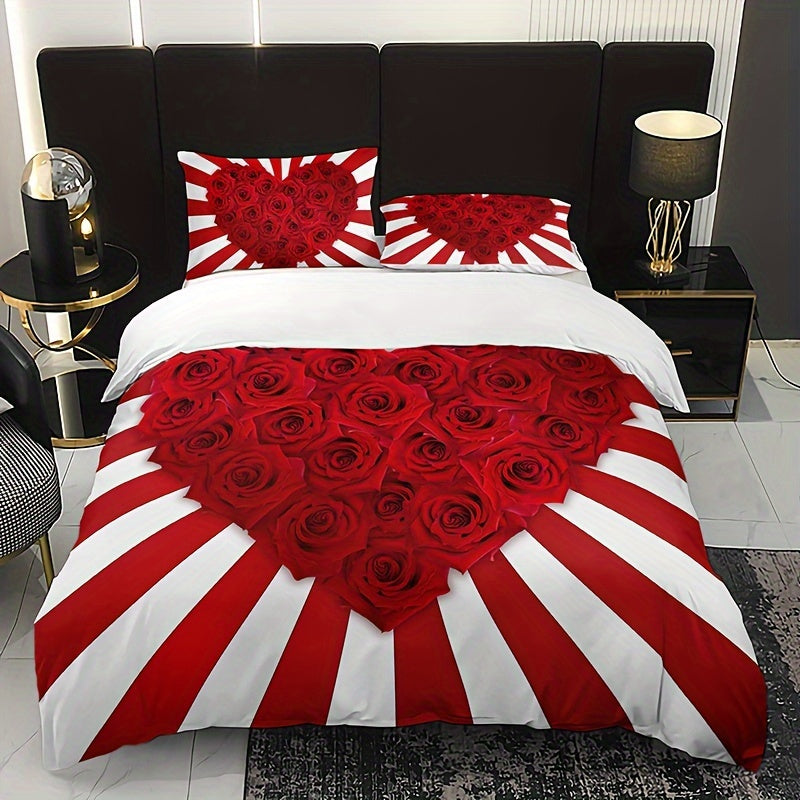 Set the mood with this romantic Red & White Rose Floral Print Bedding Set featuring 3 pieces - 1 Duvet Cover and 2 Pillowcases. Made from breathable polyester, this set offers all-season comfort with a high-definition print perfect for adding flair to