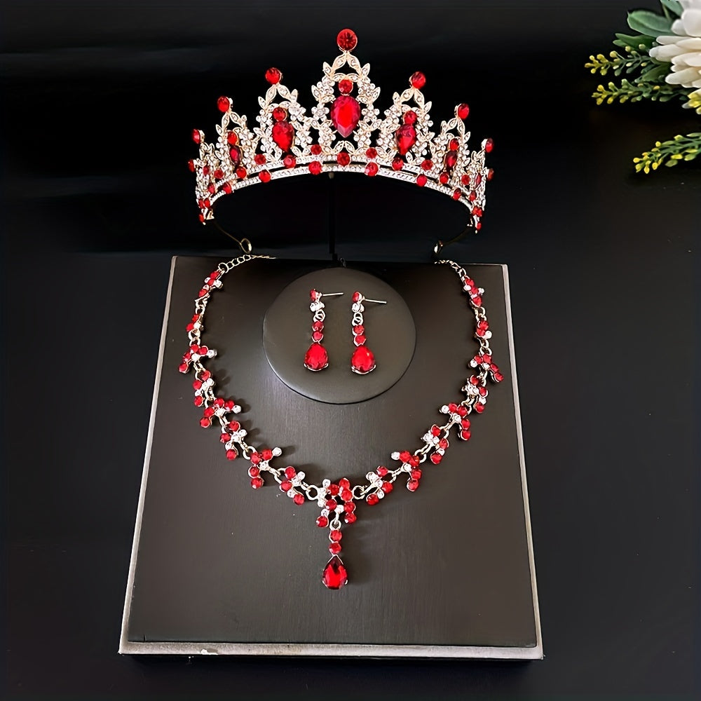 Crystal bridal tiara and crown earrings, necklace jewelry set for women and princess girls. Jeweled wedding tiara for brides, perfect for birthdays and cosplay. This set includes three pieces.