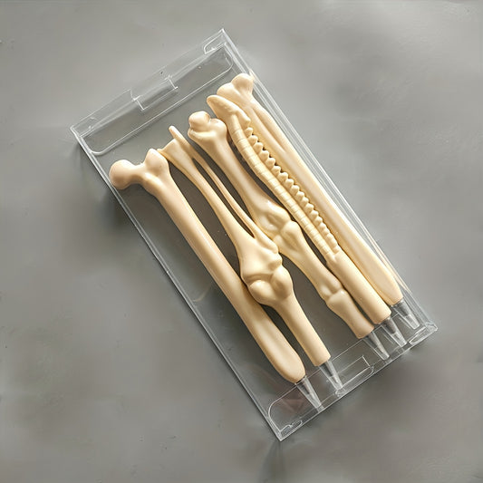 Bone-shaped ballpoint pens in a 5-pack, featuring an ergonomic oval design with a mid-point tip. Made of plastic, retractable, and suitable as a gift for nurses, doctors, or office use.