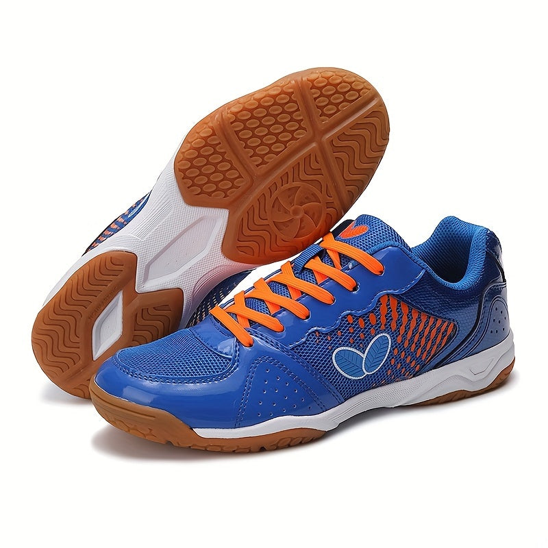 Breathable badminton and table tennis shoes in blue with orange accents, featuring a durable sole and lace-up design for all-season athletic wear.