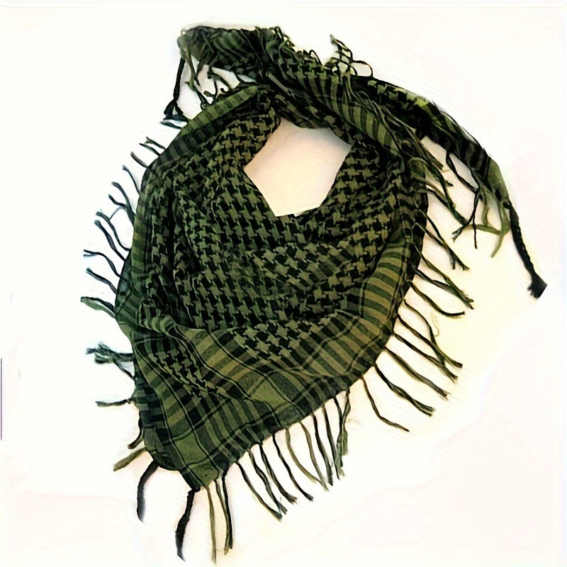 Lightweight Tactical Plaid Scarf - Windproof, Sand-Proof, All-Season Polyester Neck Warmer with Fringe Detail.