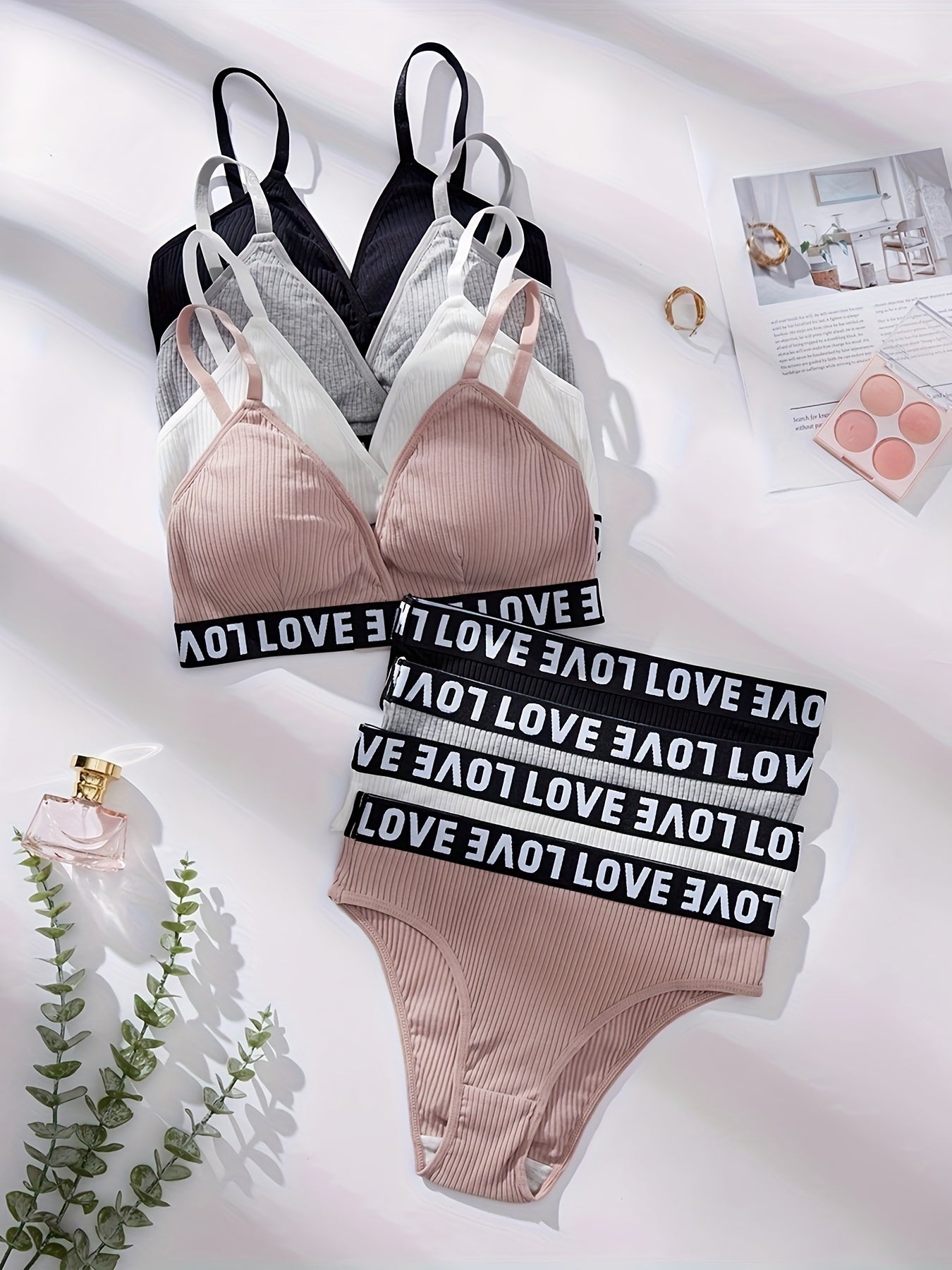 4-piece lingerie set featuring letter print cami bra and panties for women