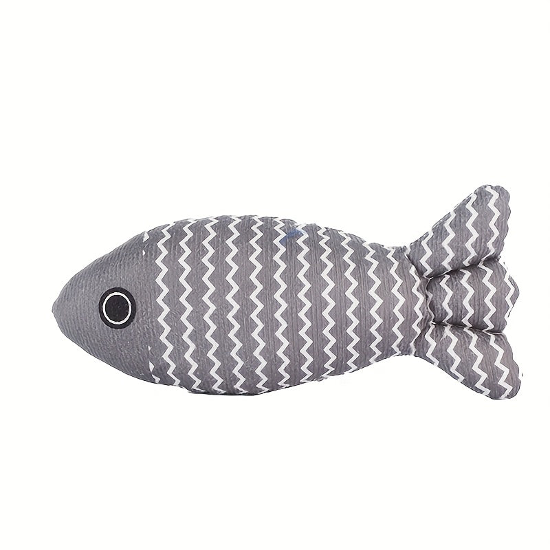 Durable linen fish-shaped cat toy designed for interactive play with sound.