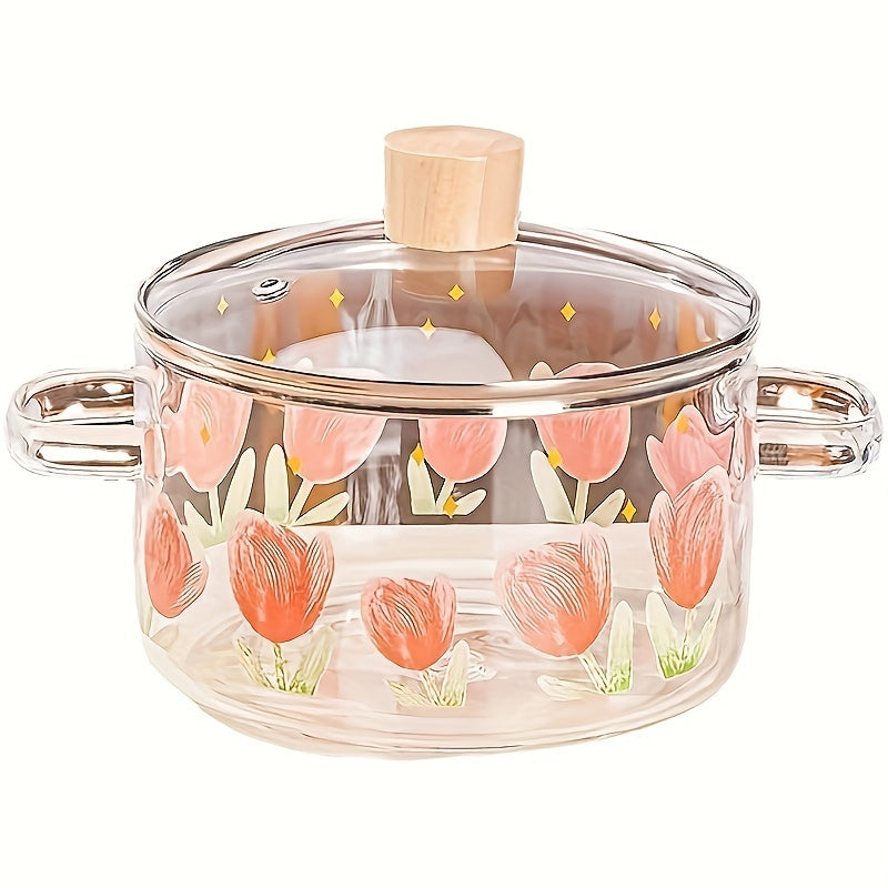 Soup pot printed with tulips made from borosilicate glass, measuring 23.0cm/9in and suitable for use with induction cookers. Has a capacity of 1700ml/57oz.