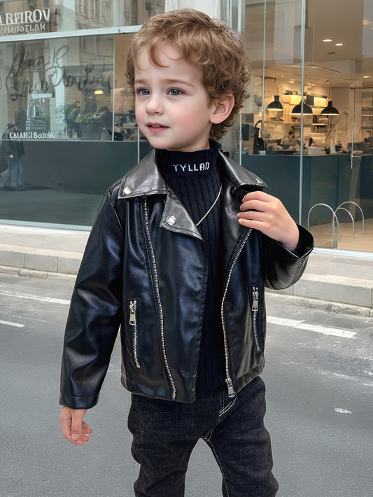 Boys' stylish motorcycle biker jacket in black, perfect for spring/fall weather, features button-up front and side pockets.