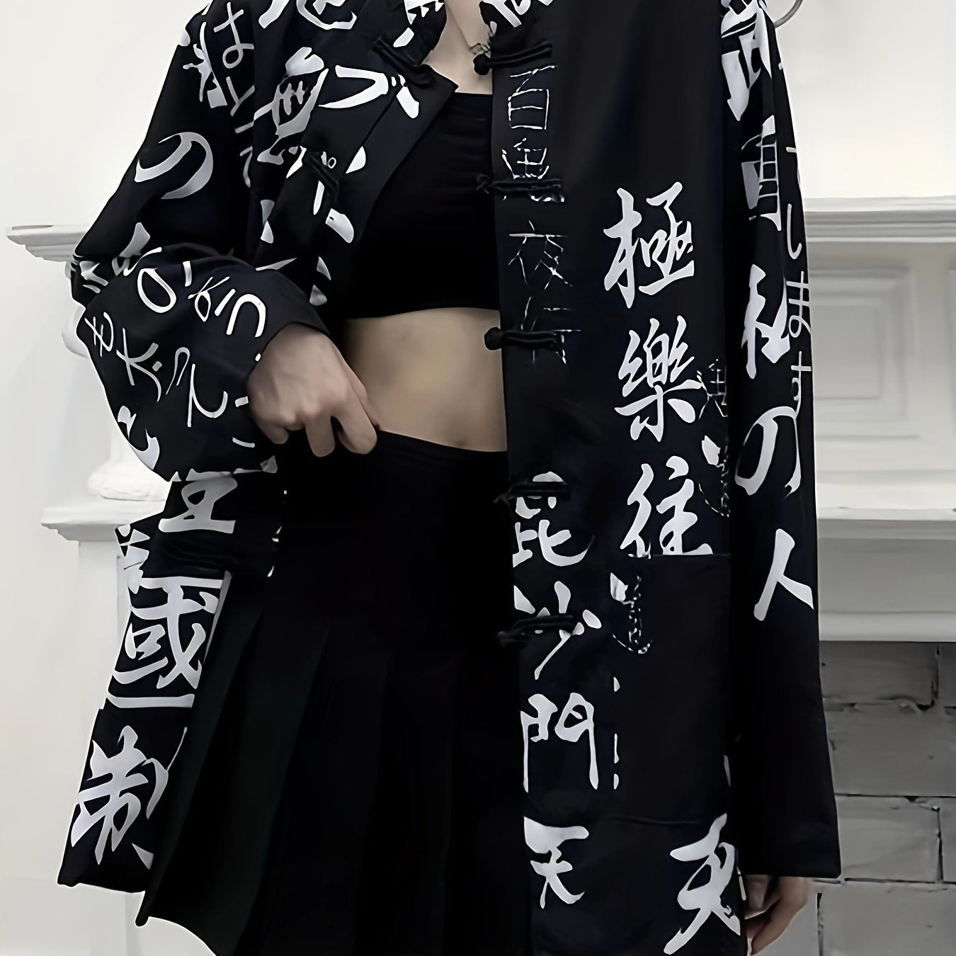 Vintage Chinese Style Kimono Blouse with Pockets - Long Sleeve, Button-Up, Black & White Japanese Letter Print, Polyester Blend for Women, Great for Spring & Fall Festivals.