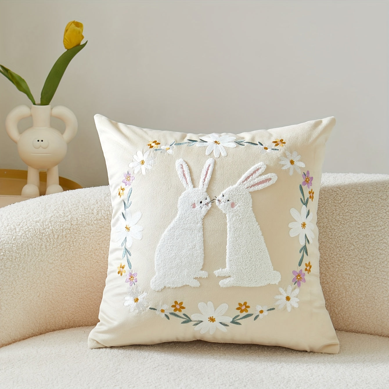 Easter Rabbit Polyester Cushion Cover, Easter Bunny Pillow Cover, Bedroom and Sofa Accessories, Collectible Building Decor (Cushion not included)