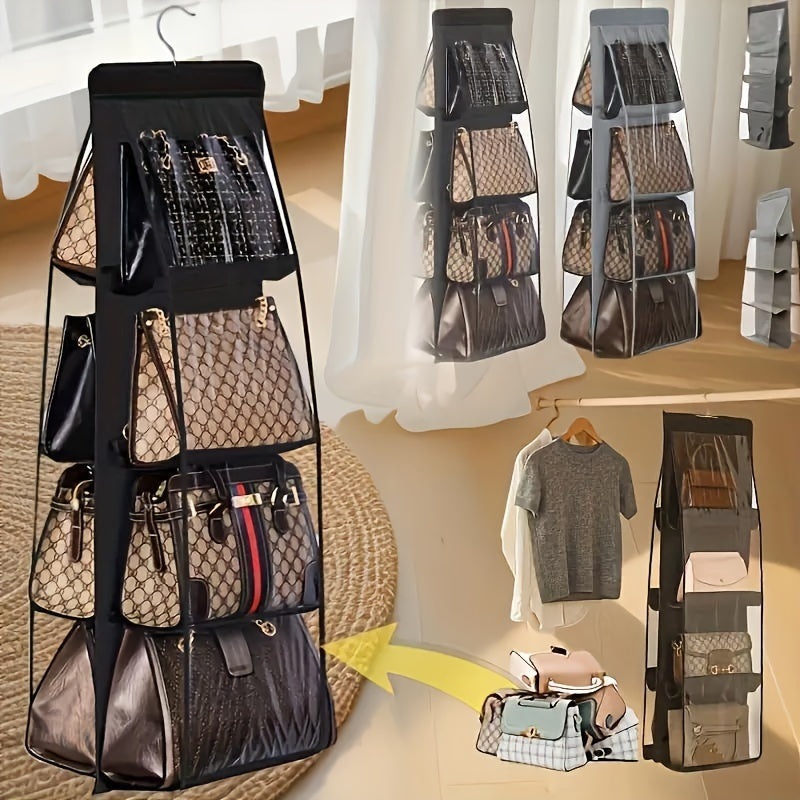 8-Pocket Hanging Handbag Organizer made of unscented Oxford cloth with a foldable design for space-saving in wardrobe.