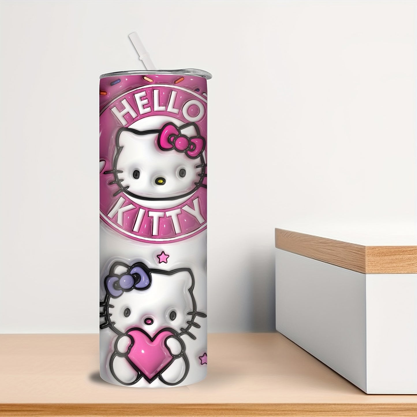 A 20oz stainless steel water bottle with a cute Hello Kitty design, suitable for various beverages.