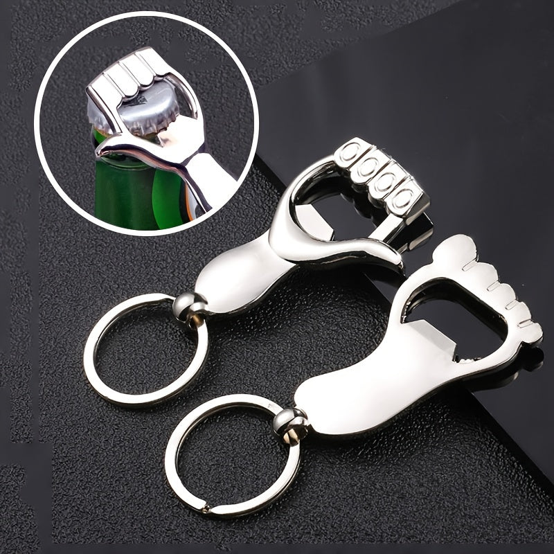 Multifunctional palm-shaped metal keychain bottle opener requires no power, suitable for kitchen and dining decor.