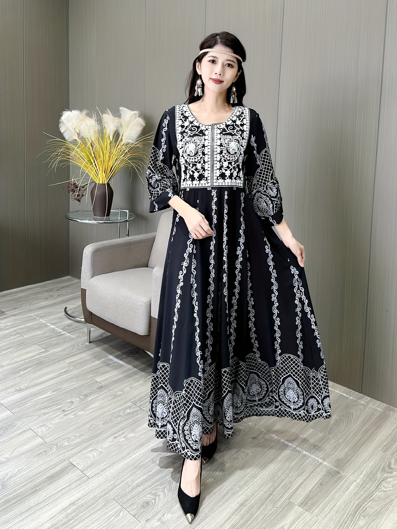 Vintage-inspired black & white embroidered kaftan dress with 3/4 sleeves perfect for casual, vacation, beach wear. Polyester, non-stretch fabric.