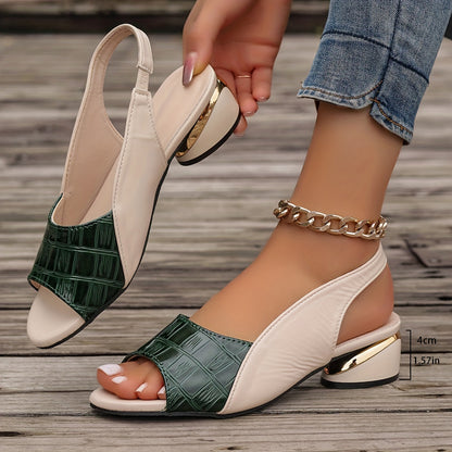 Chunky heel sandals with open toe, ankle strap, and slingback design.