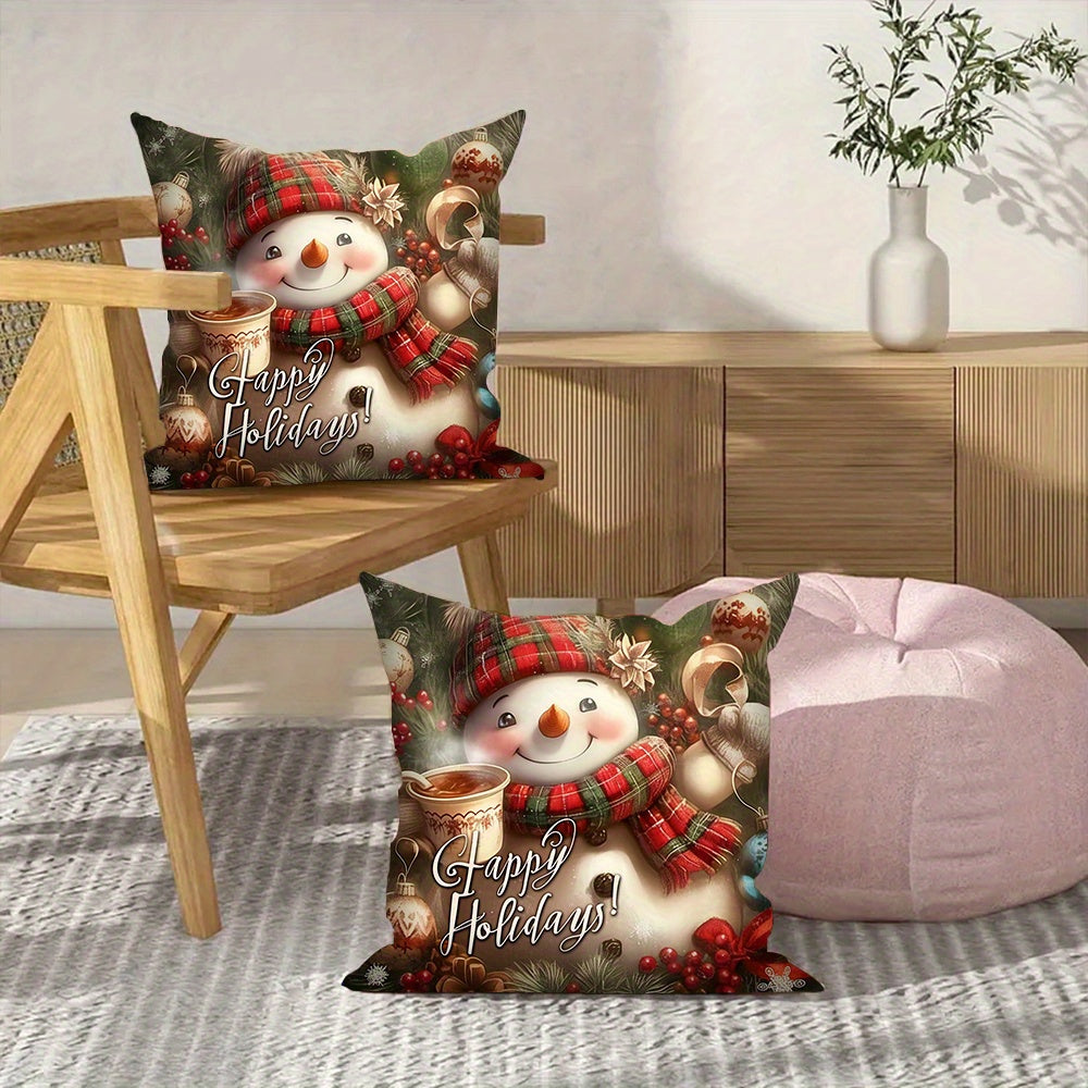 Set of 2 Christmas Snowman Throw Pillow Covers, 18x18 inches, made of durable Polyester Blend material. Easy to clean with machine washable feature. These festive Woven Square Cushion Cases are perfect for adding holiday spirit to your sofa and bedroom.