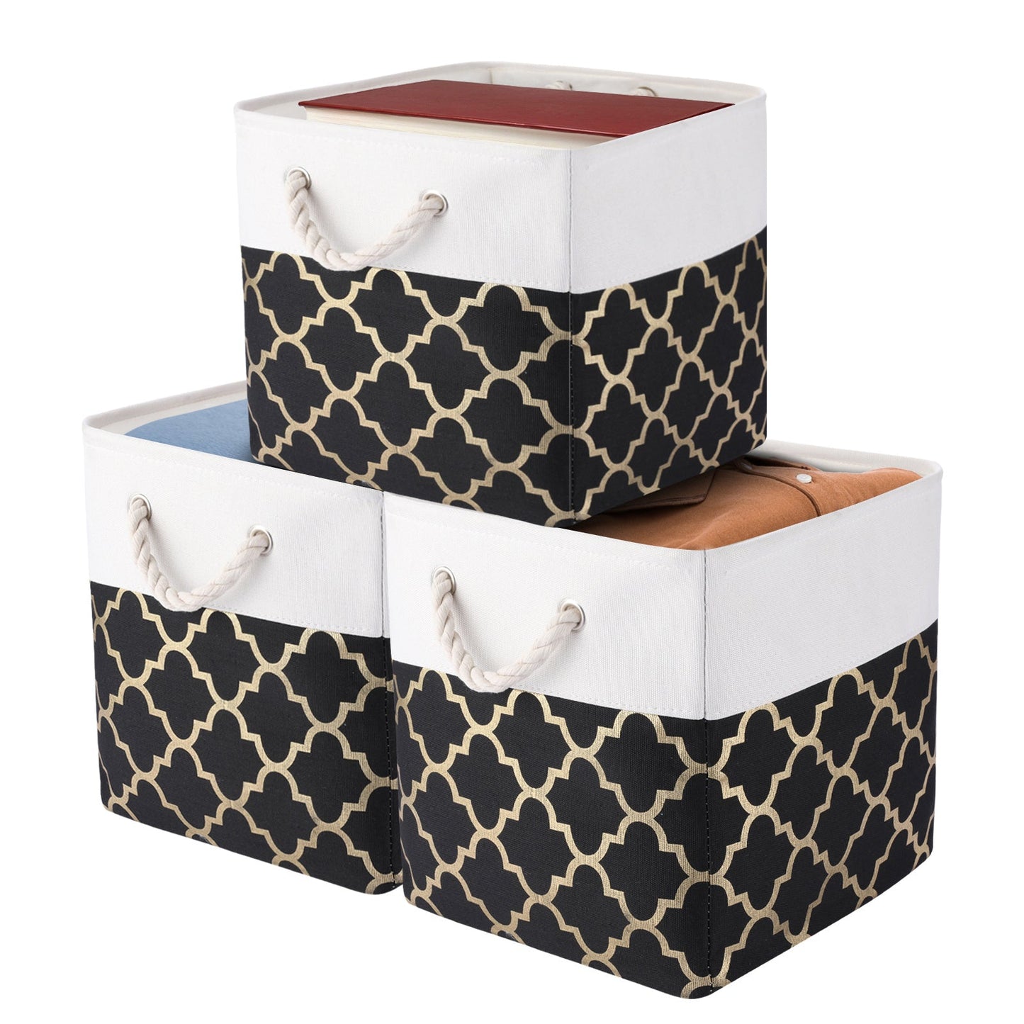 Set of three large rectangular fabric storage baskets featuring handles for easy organizing. Perfect for storing toys, clothes, and other items in your closet, home, or office. These classic style bins are durable and foldable for convenient storage when