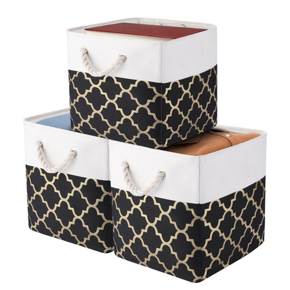 Set of three large rectangular fabric storage baskets featuring handles for easy organizing. Perfect for storing toys, clothes, and other items in your closet, home, or office. These classic style bins are durable and foldable for convenient storage when