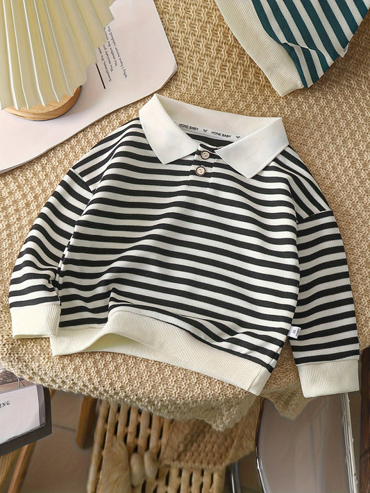 Striped lapel top keeps boys warm and stylish!