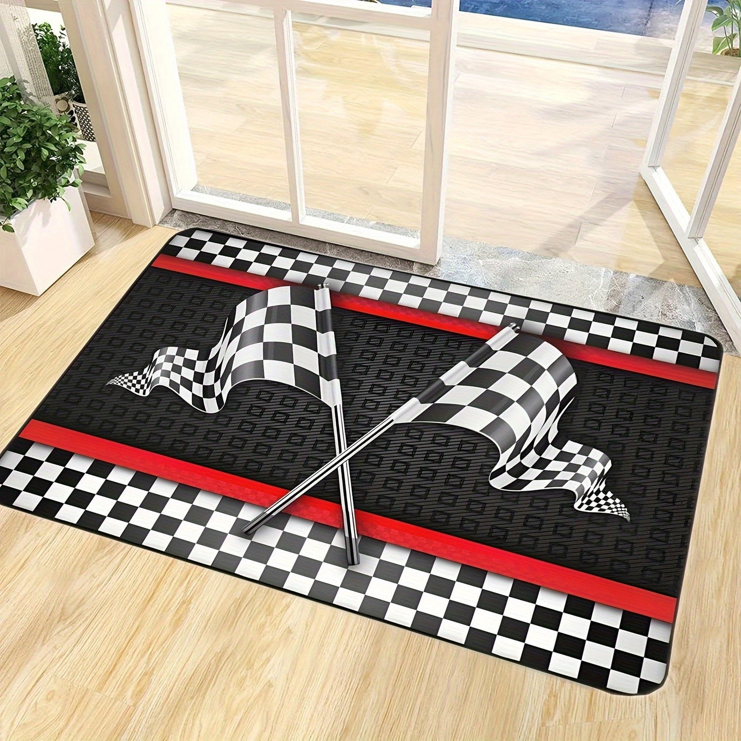 One high-quality Flannel Racing-Themed Mat, 1.1cm thick and non-slip, featuring a Black & White Checkered Flag design with Red Stripes. Machine washable and suitable for Teens, Boys, Girls, Men & Women. Versatile for use in the Living Room, Bedroom