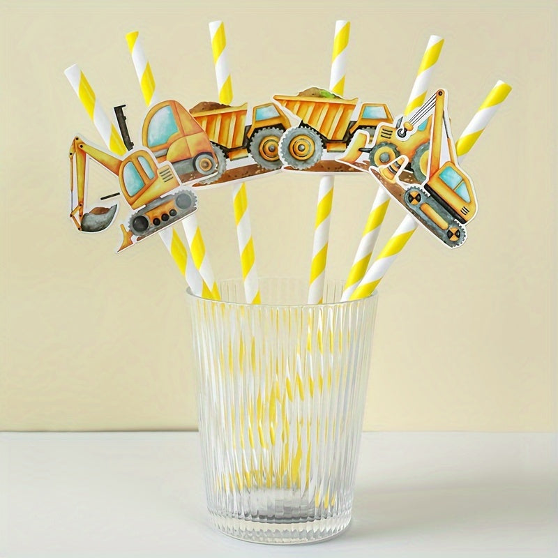 Set of 6 Construction-Themed Paper Straws featuring Yellow Striped Engineer Vehicles - Perfect for Birthday Parties, Baby Showers, Graduations, and Gender Reveals. Decorate your cups with Cartoon Trucks, Excavators, and Cranes!