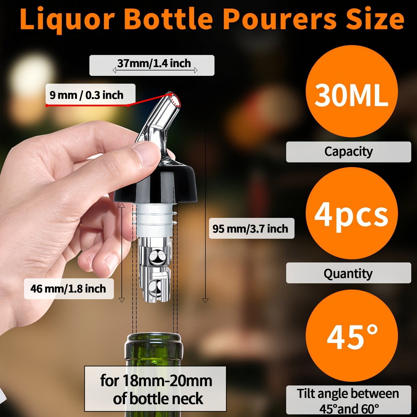 Two 1oz bottle pourers designed for dispensing alcohol, perfect for tequila, cocktails, and whiskey in a home bar. Ideal for bartenders.