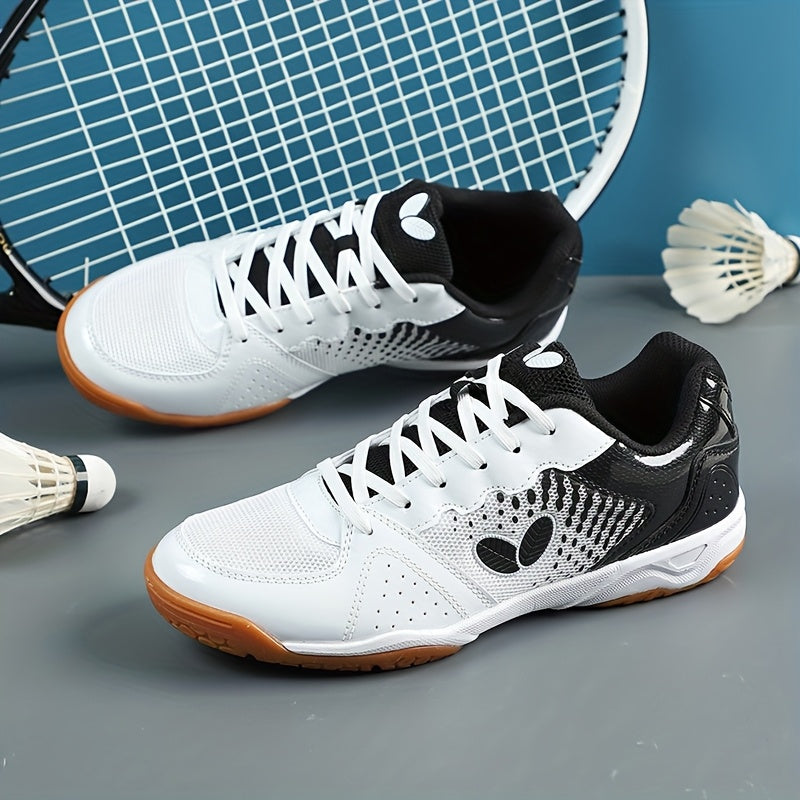 Professional badminton and tennis shoes with breathable, non-slip, and durable features for all seasons. Made of fabric and synthetic materials with EVA and rubber sole. Designed with