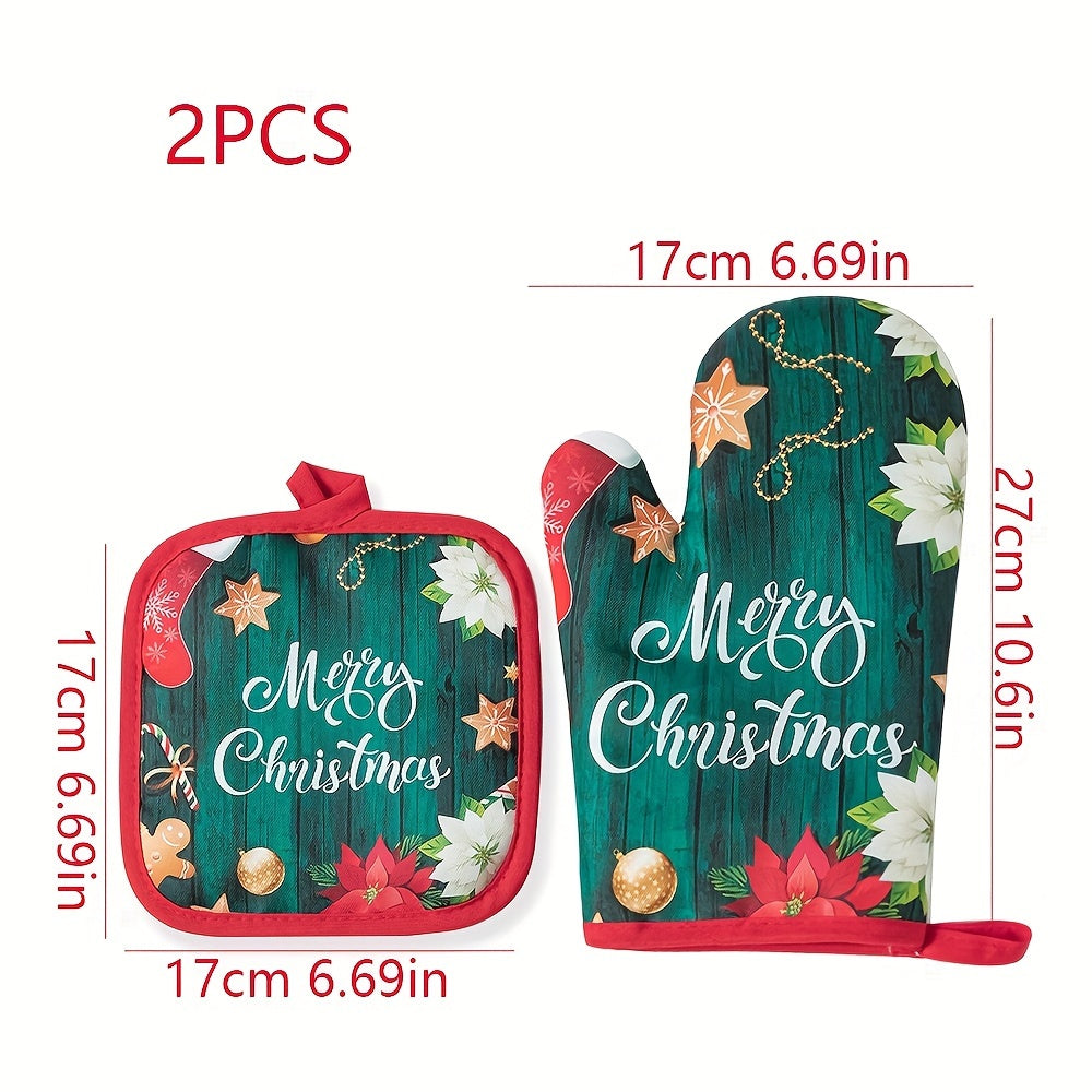 Set of 2 Christmas-themed kitchen oven mitts, made of thickened glass fiber gloves and heat-resistant pads. Perfect for festive cooking in the home kitchen, these accessories are non-food contact safe.