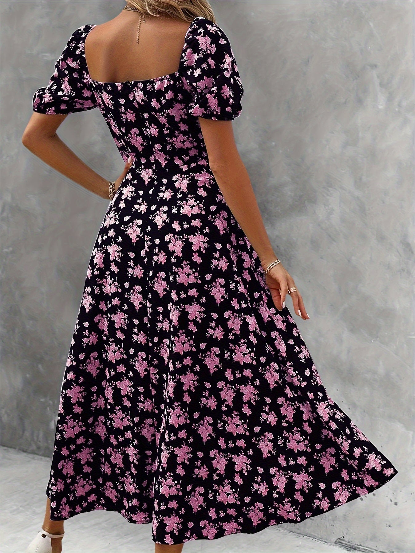 Floral print high slit dress with puff sleeves, perfect for spring and summer.