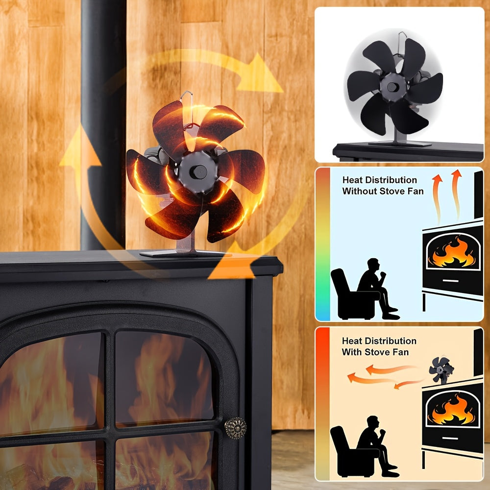 Portable aluminum heat distribution system for indoor air circulation, no power required - introducing the Hormy 6-Blade Fireplace Fan.