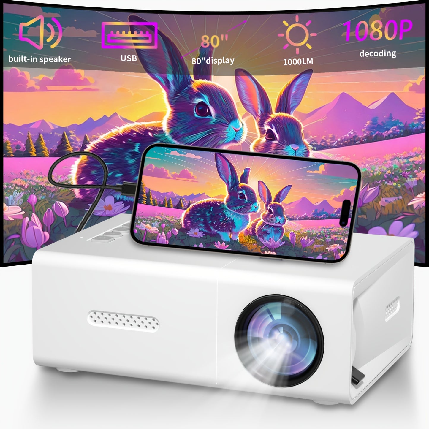 Portable high definition projector, easy to set up and connect, compatible with mobile phones, TV sticks, and computers, perfect for home theater, also suitable as a birthday gift.